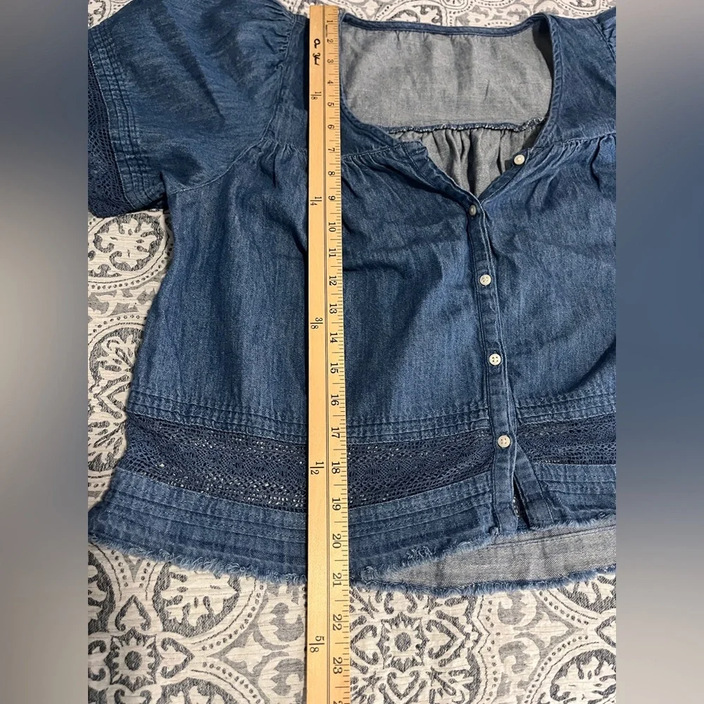 Old Navy Puff Sleeve Oversized Lace-Trimmed Denim Chambray Swing Blouse Small